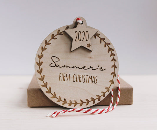 Wooden First Christmas bauble decoration