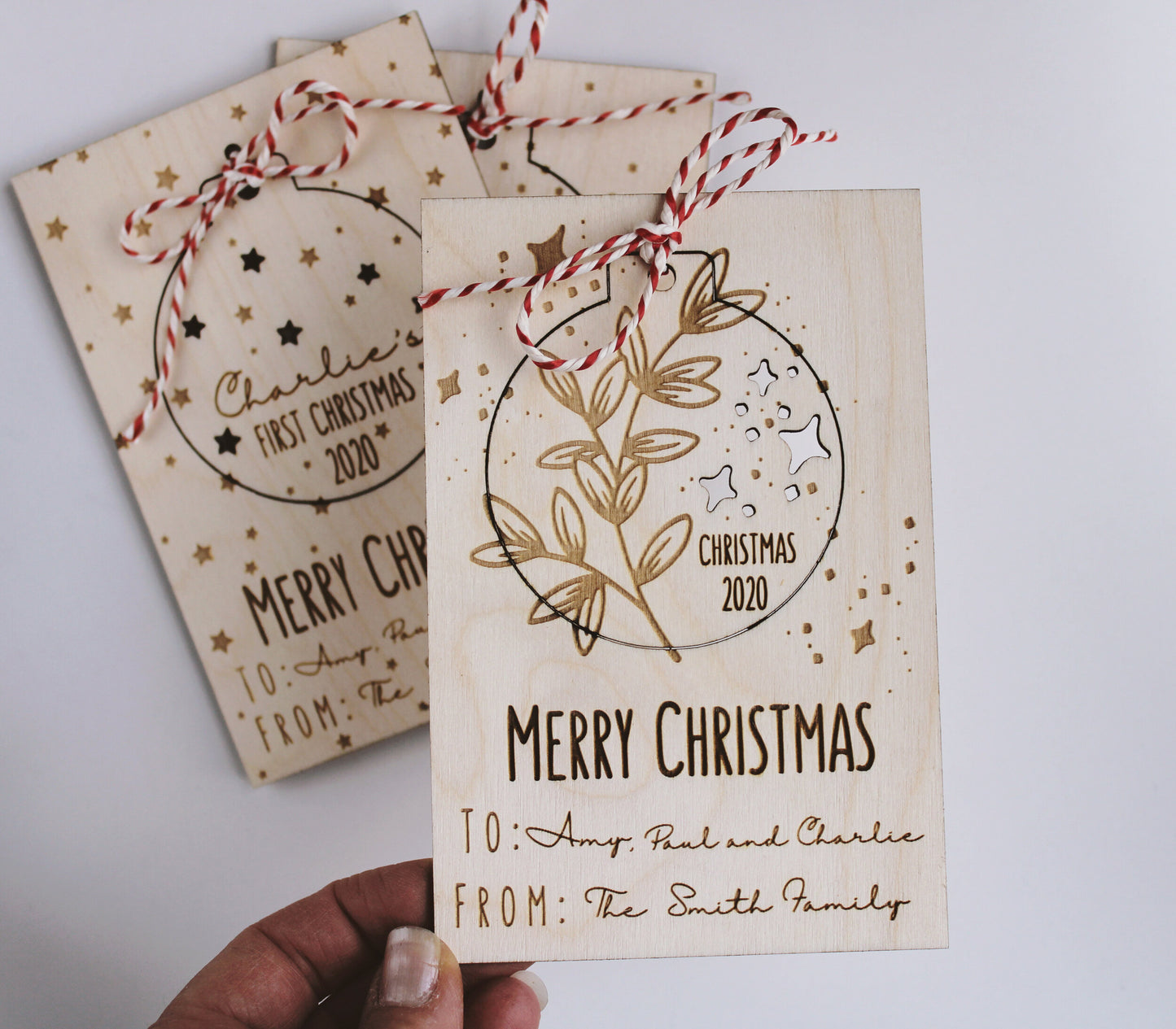 Wooden postcard with removable decoration, Christmas letterbox gift